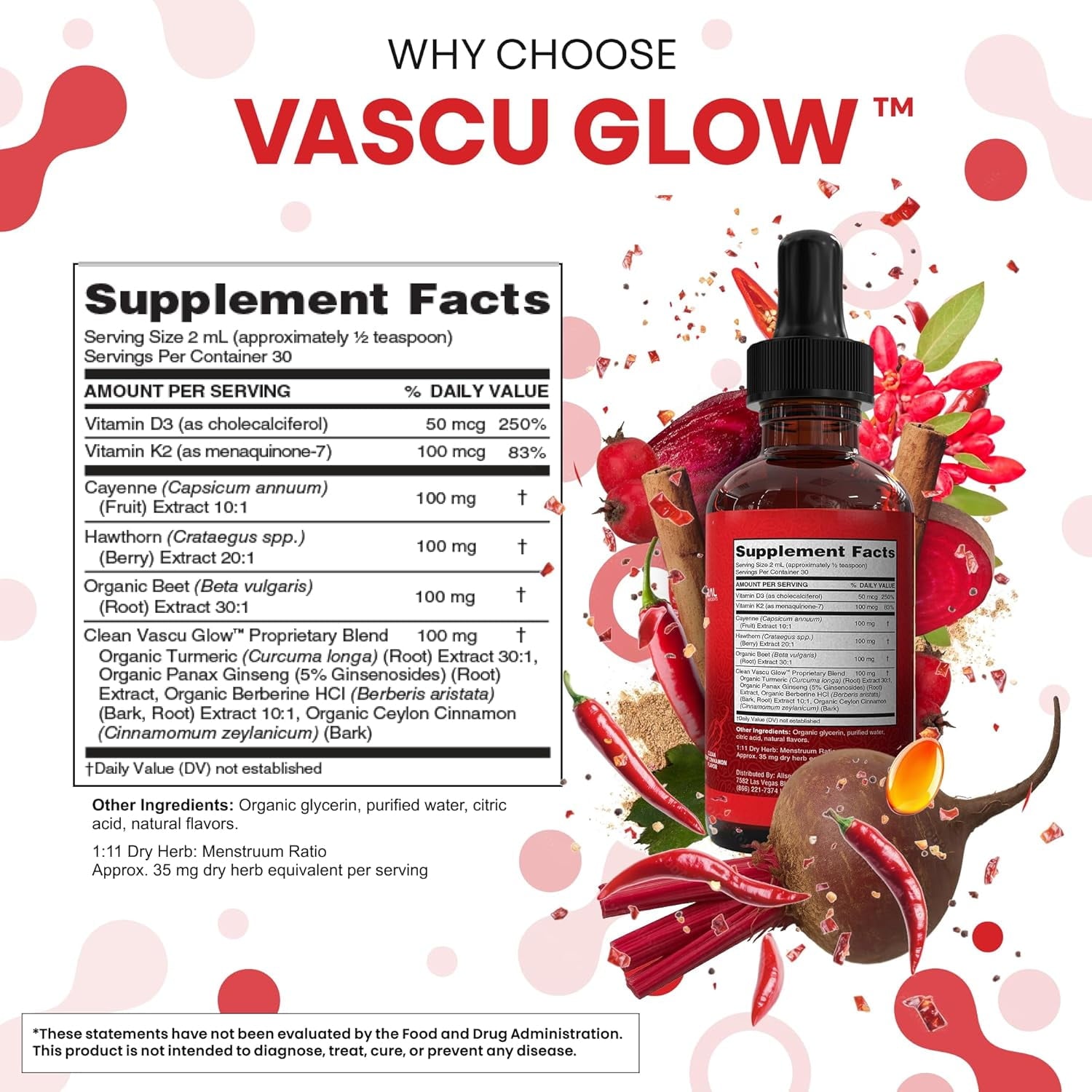 Cayenne Pepper Supplement Liquid Drops + Hawthorn Berry, Vitamin D3 K2 Beet Root Powder, Ceylon Cinnamon, Turmeric Curcumin, Organic Panax Ginseng, Berberine Extract VIT D K by Clean Nutra -