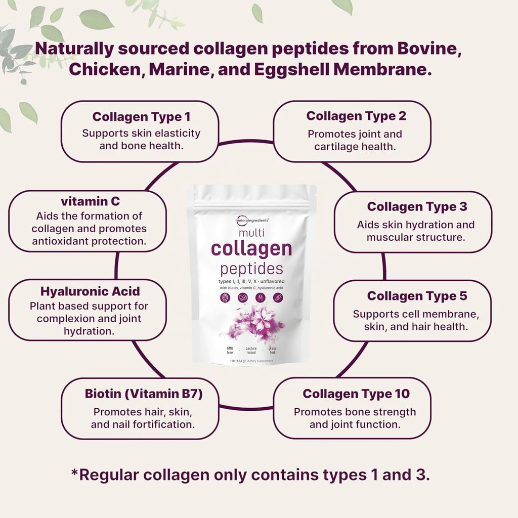 Micro Ingredients Multi Collagen Protein Powder, 1lb | Type I,II,III,V,X with Biotin, Hyaluronic Acid, Vitamin C - Unflavored Collagen Peptides