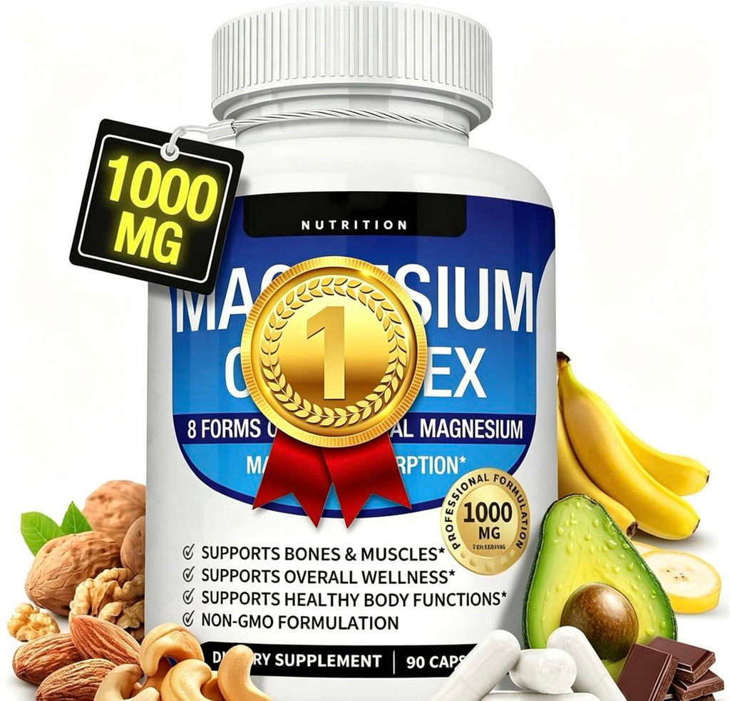 Magnesium Complex Supplement 8 Elemental 1000mg - Magnesium Glycinate, Citrate, Malate, Taurate, Chelated for Easy Absorption for Bones, Muscle, Recovery, Energy, Vegan Non-GMO 90 Capsules