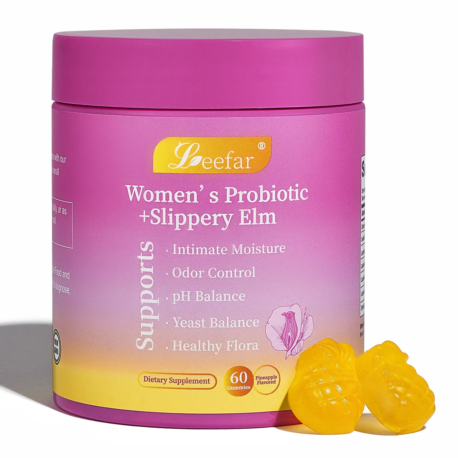 LEEFAR Her Juicy Feminine Probiotics Gummies- All in One Solution with Slippery Elm and Prebiotics&Lactobacillus Probiotic Blend for Women’s pH Balance and Dryness - Hawaiian Pineapple Gummies 60 Count probiotics women