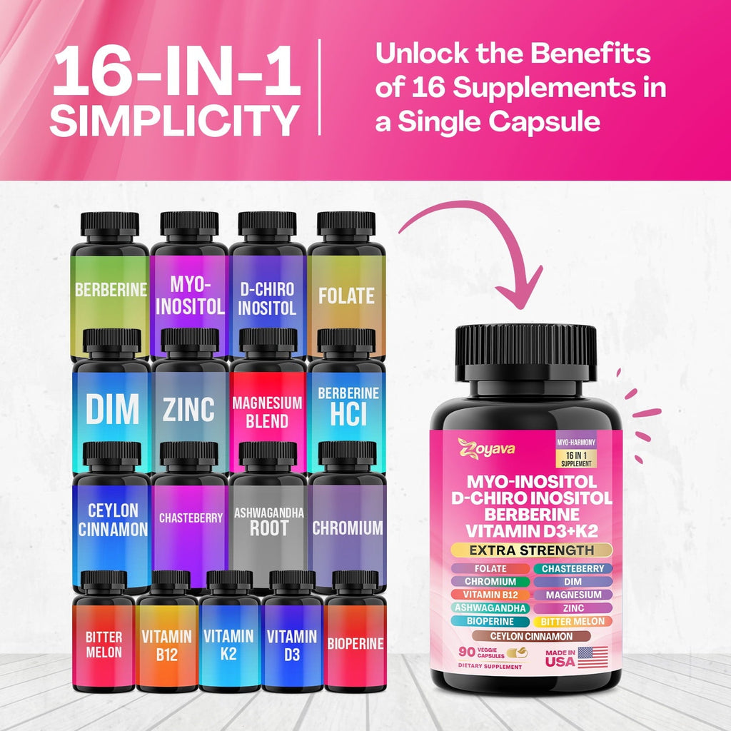 Myo Inositol Supplement 750mg, Berberine 500mg, D-Chiro Inositol 50mg, Folate 400mcg, Chromium 100mcg, Ceylon Cinnamon 200mg, Ashwagandha 100mg, DIM 75mg, Vitex Chasteberry 150mg, 90 Capsules-Shop