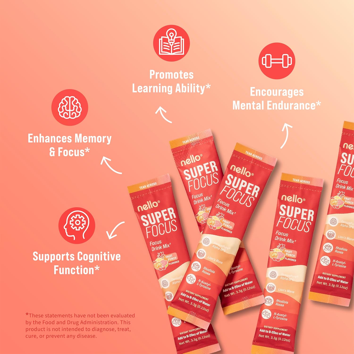 Drink Mix – Fruit Punch Flavor – Alpha GPC, Lion’s Mane, Rhodiola & N-Acetyl L-Tyrosine – Sugar-Free, On-The-Go Packets – 20 Servings-Shop