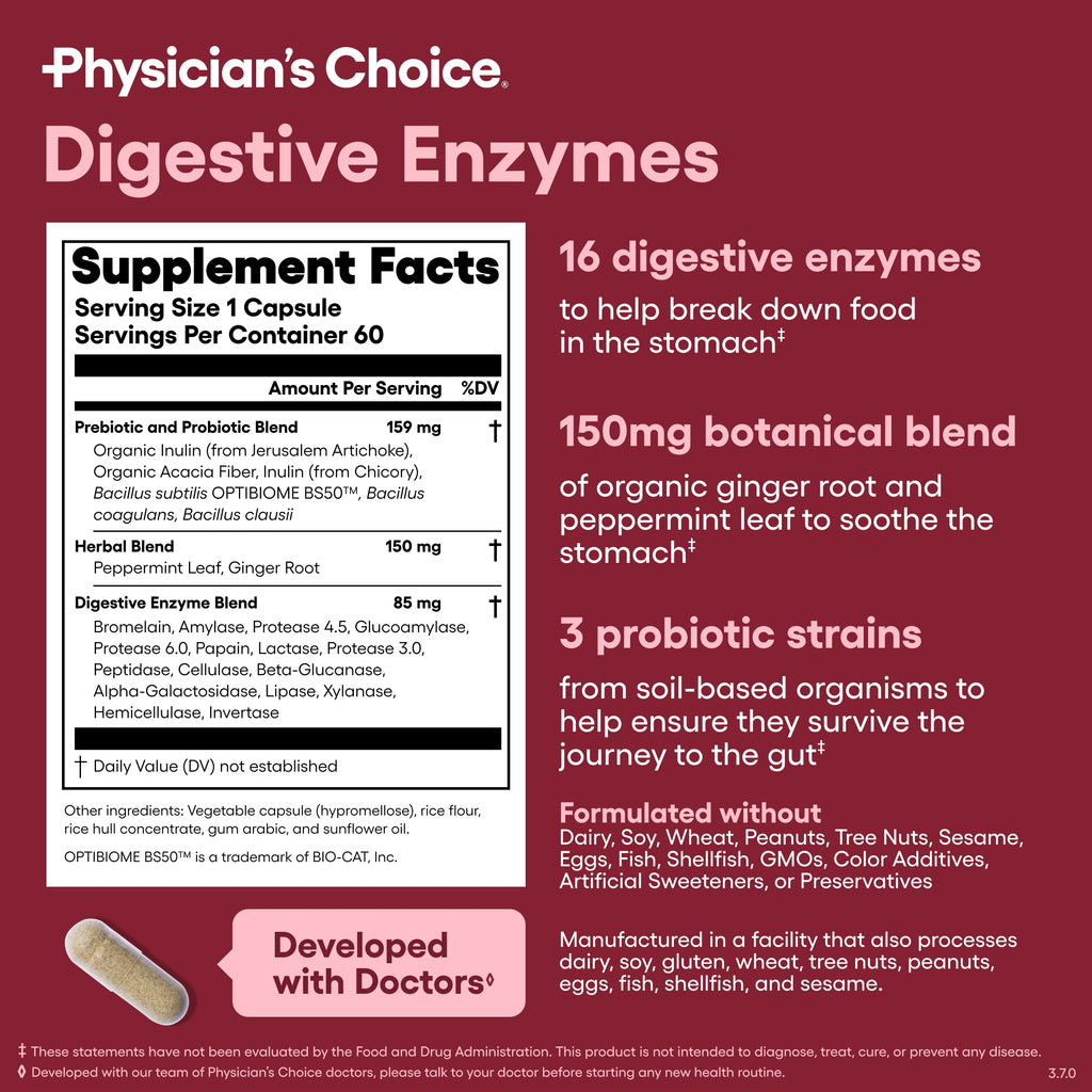 Physician's Choice Digestive Enzymes, Digestive & Gut Health, Bloating & Meal Time Discomfort, Men and Women, 30 Count