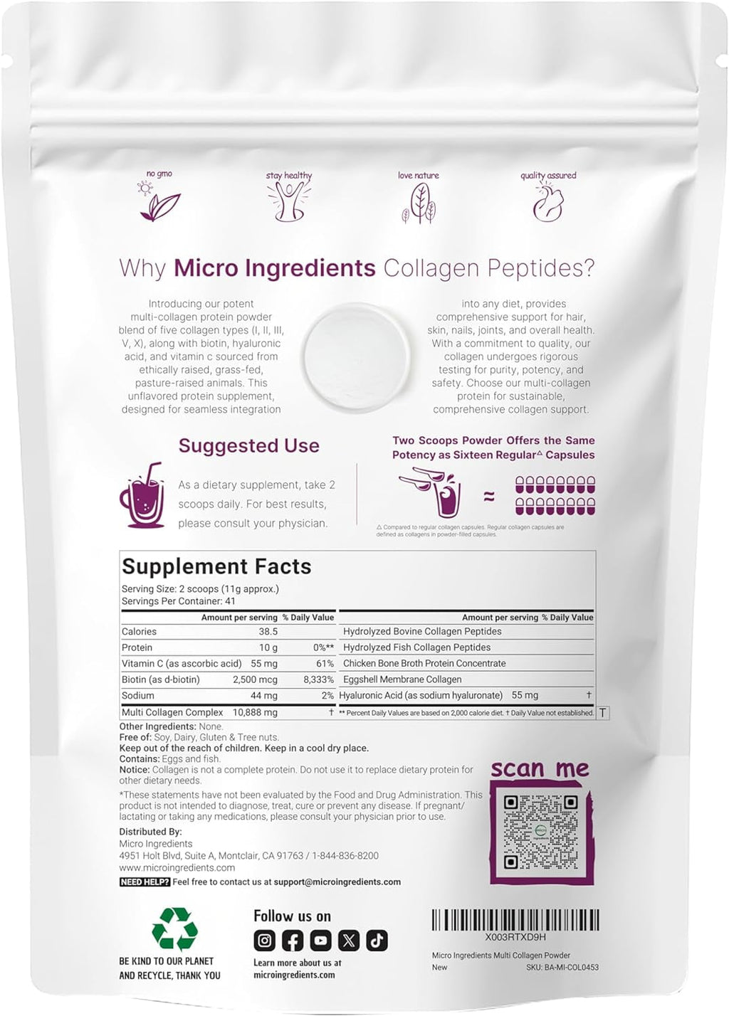 Micro Ingredients Multi Collagen Protein Powder, 1lb | Type I,II,III,V,X with Biotin, Hyaluronic Acid, Vitamin C - Unflavored Collagen Peptides