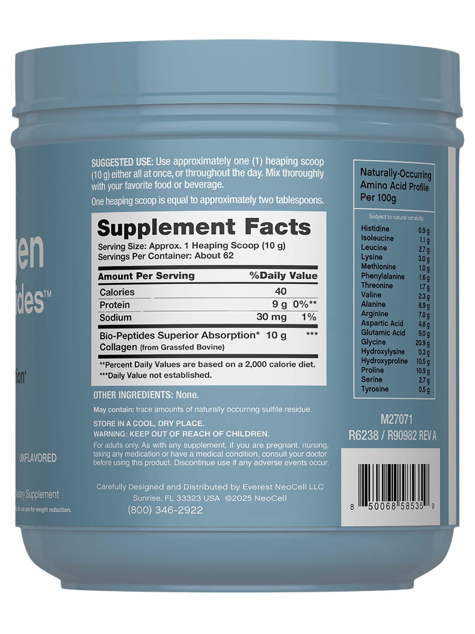 Collagen Bio-Peptides Powder | 22oz | Super Hair, Skin, Nails | Grassfed Protein Supplement | by NeoCell