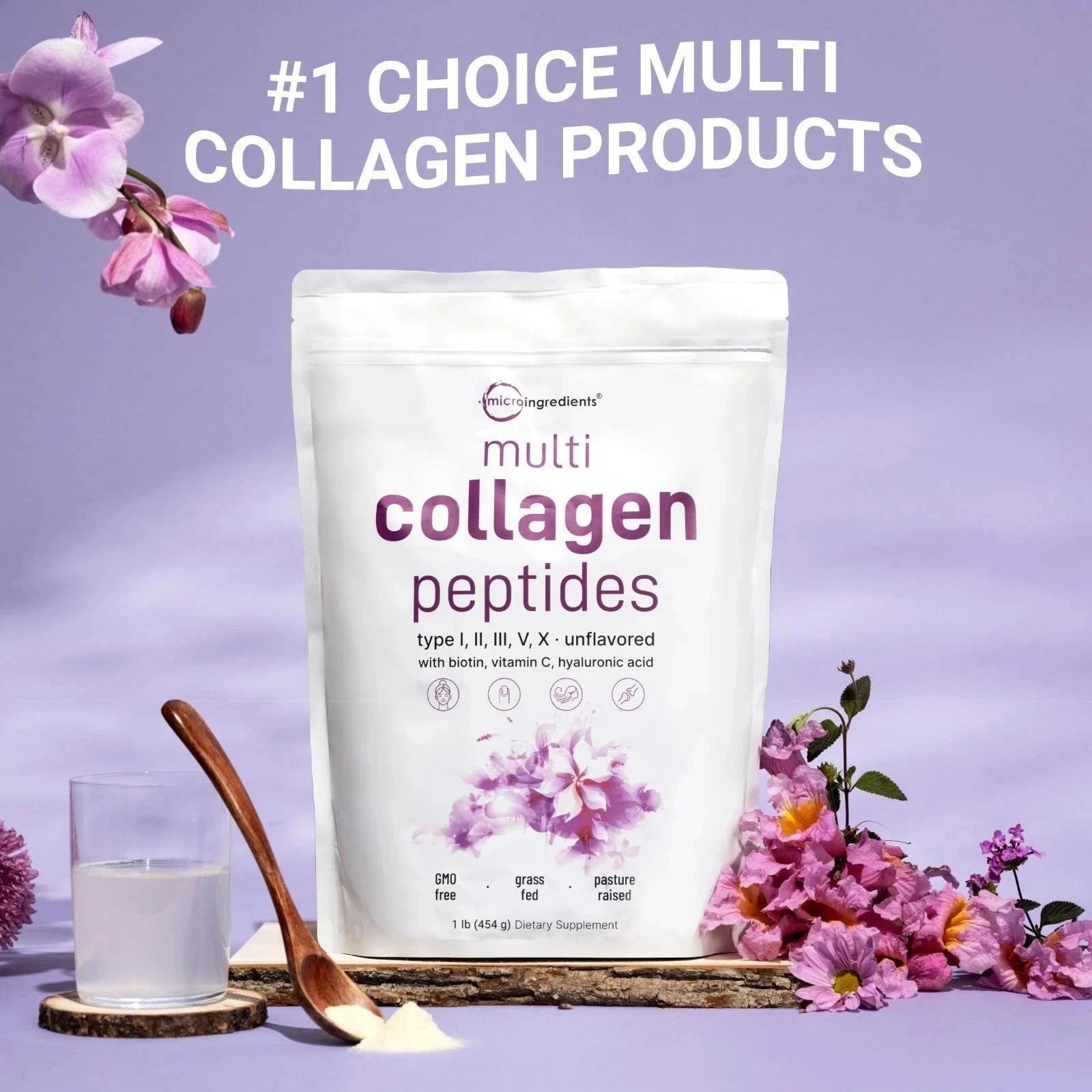 Micro Ingredients Multi Collagen Peptides Powder 16oz - Type I II III V X Unflav